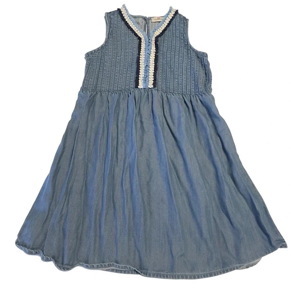 Vineyard Vines Girls Denim Chambray‎ Pintuck Dress Large Sundress Beach Preppy